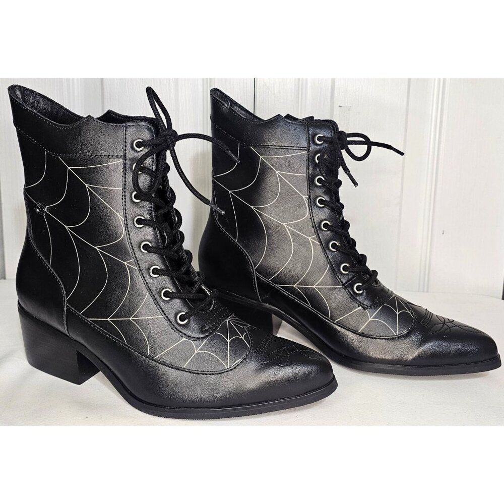Black Victorian 8-Eye Spiderweb Pointed Anarchic Heel Boots Witch Spider Booties - Picture 1 of 11